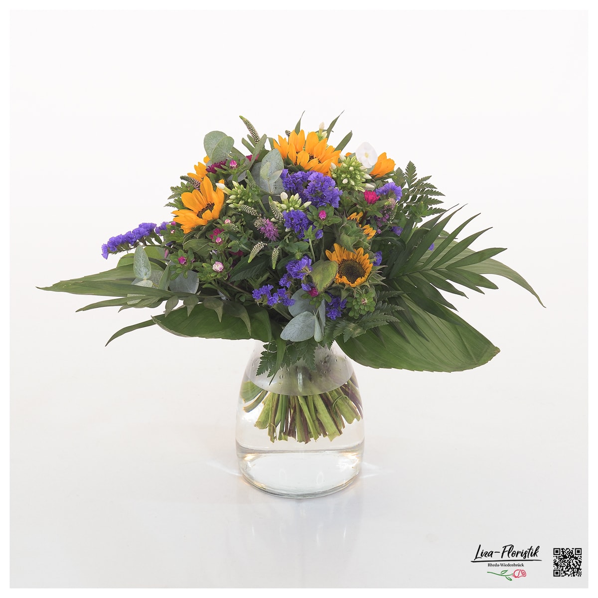 Blumenstrauß mit Statice, Sonnenblumen, Eukalyptus, Veronika, Phlox und Astern