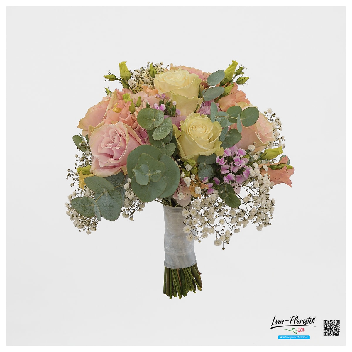 Brautstrauß mit Lisianthus, Hortensien, weiße und rosa Rosen Mondial, Schleierkraut, Mini Nelken und Eukalyptus