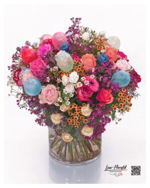 Blumenstrauß zum Geburtstag mit verschiedenen Rosen, Santini, Anemone, Kamille, Gerbera, Wachsblumen, Nelken,