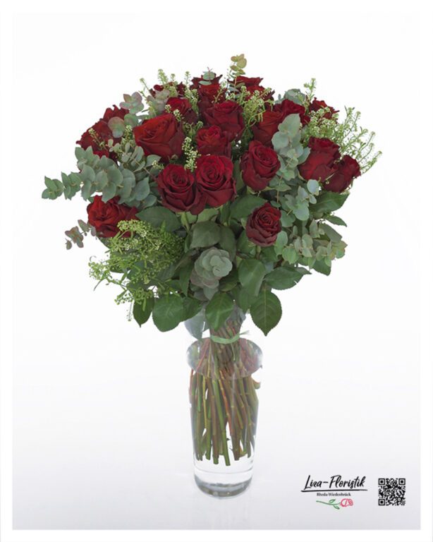 Rote Rosen, Thlaspi und Eukalyptus