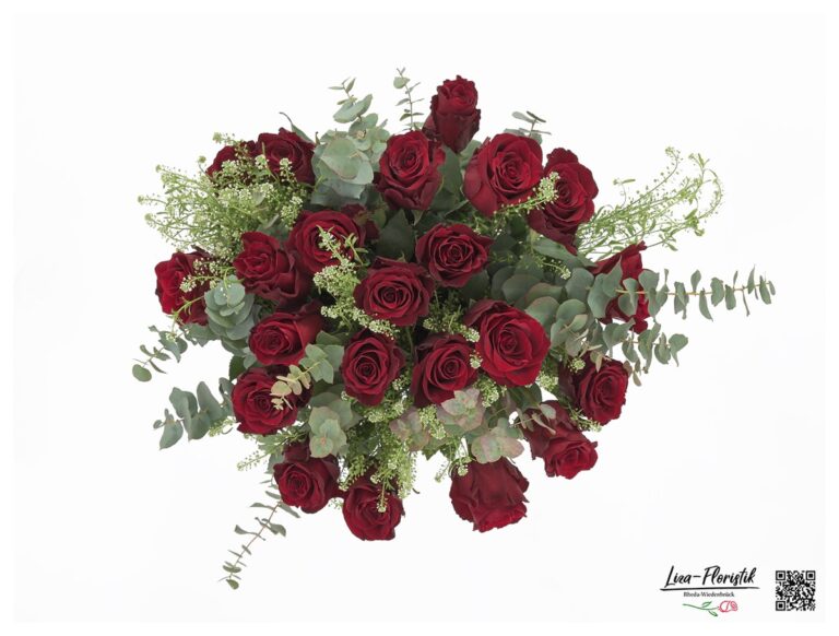 Rote Rosen mit Eukalyptus und Thlaspi - oben -