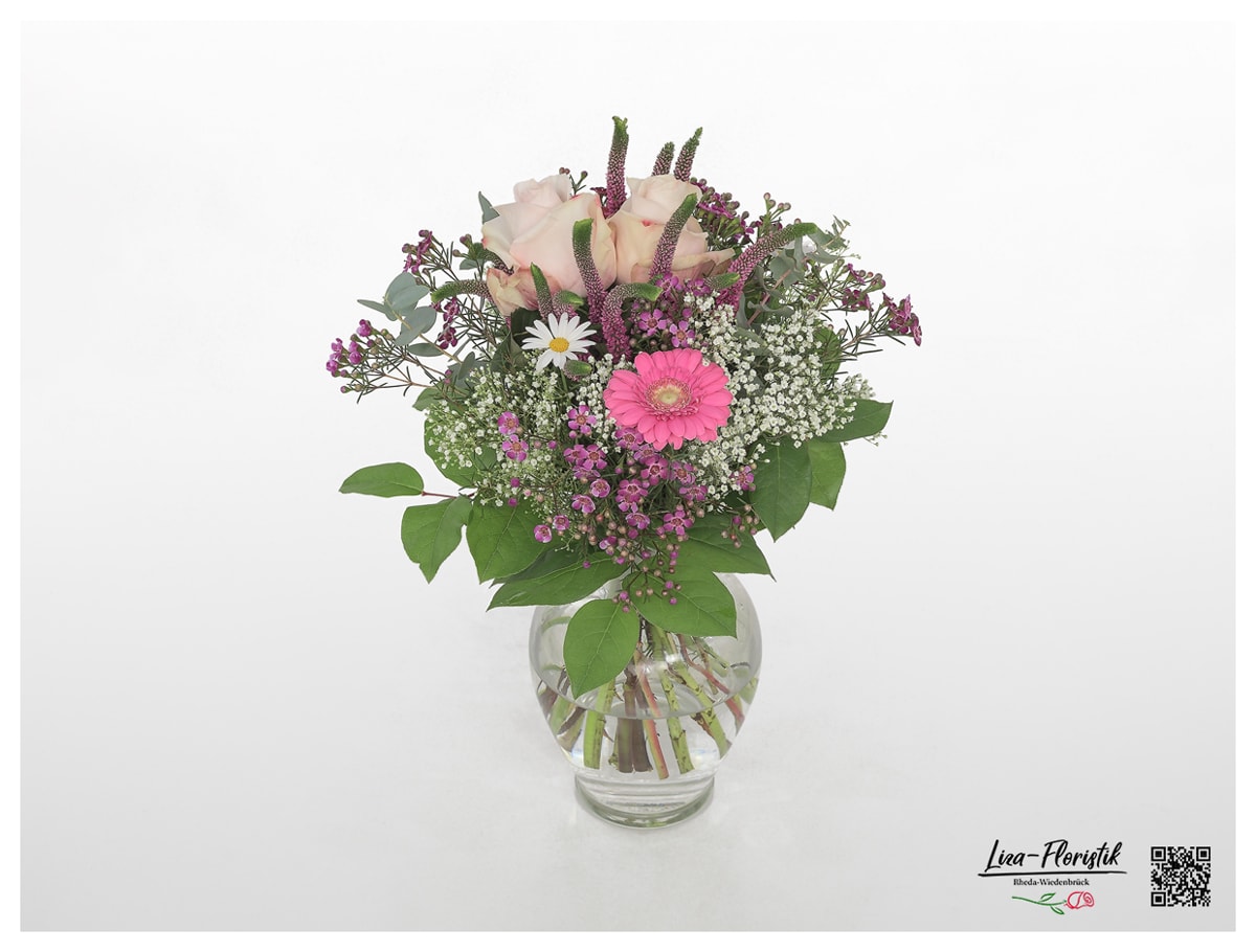 Blumenstrauß mit Rosen, Gerbera, Veronica, Schleierkraut, Wachsblumen, Eukalyptus und Margeriten