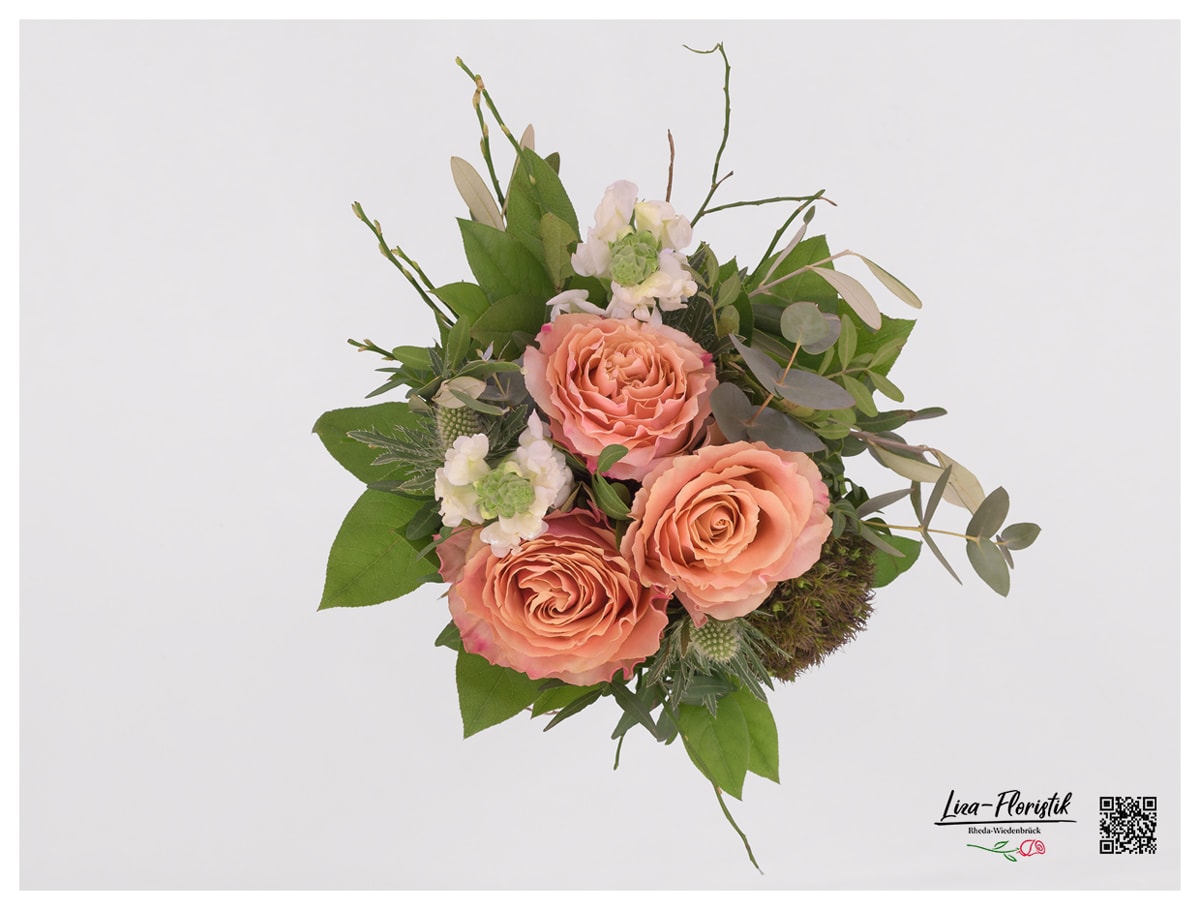 Blumenstrauß mit Bartnelken, Rosen, Löwenmäulchen - Detail -