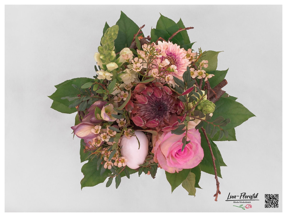 Blumenstrauß mit Protea, Rose, Wachsblumen, Löwenmäulchen, Gerbera - Detail