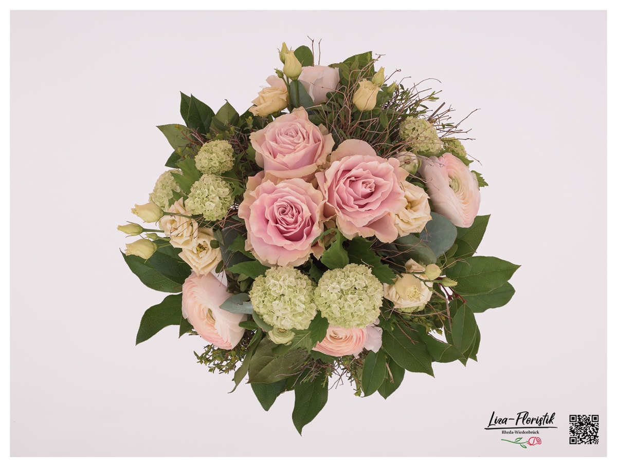 Blumenstrauß mit Schneeball, Rosen, Lisianthus  - Detail -