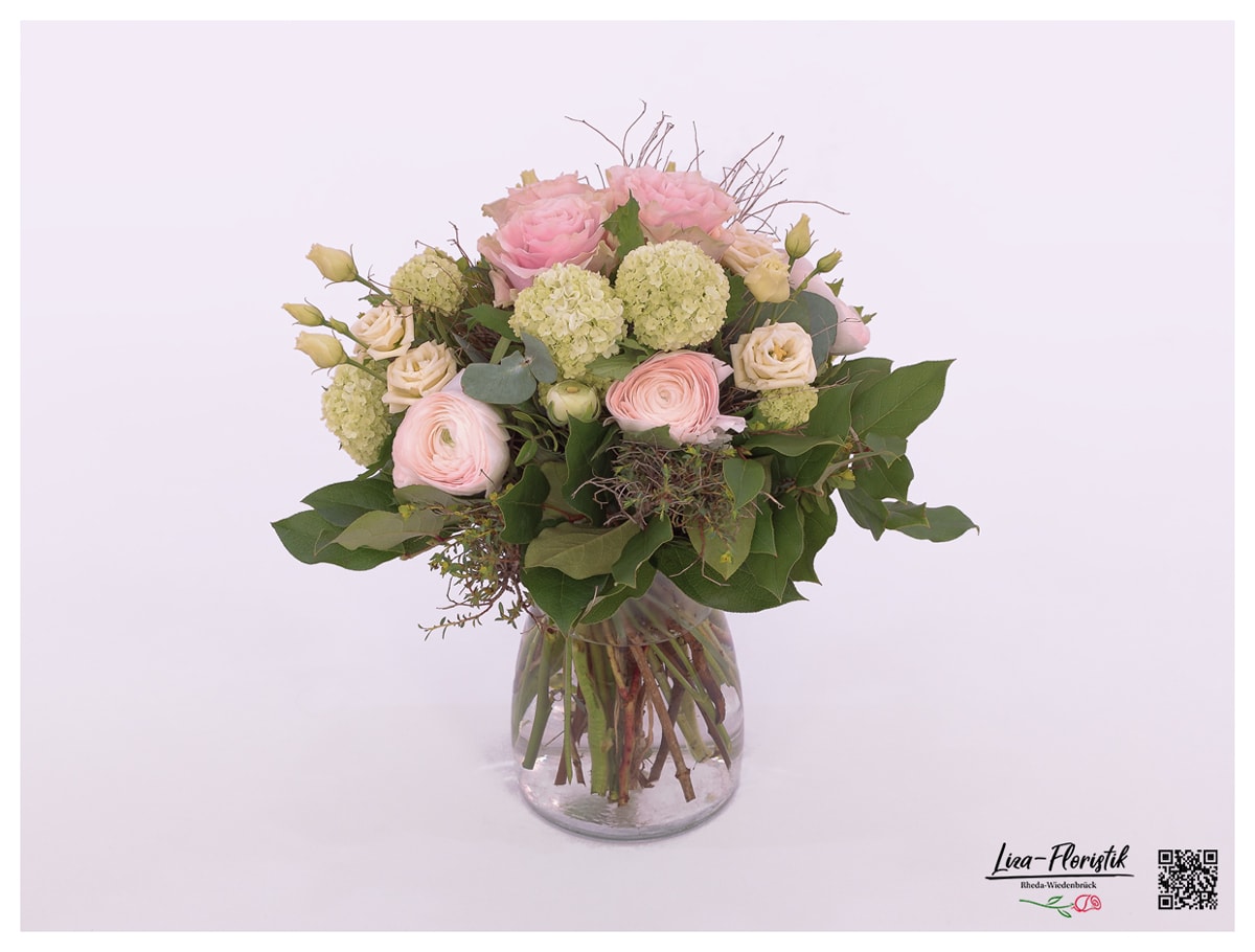 Blumenstrauß mit Schneeball, Rosen, Lisianthus und Ranunkeln