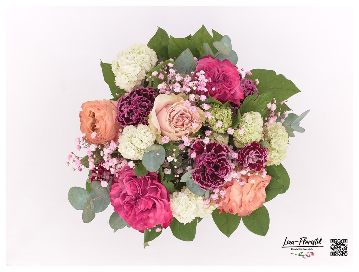 Blumenstrauß mit Rosen, Nelken, rosa Schleierkraut  - Detail