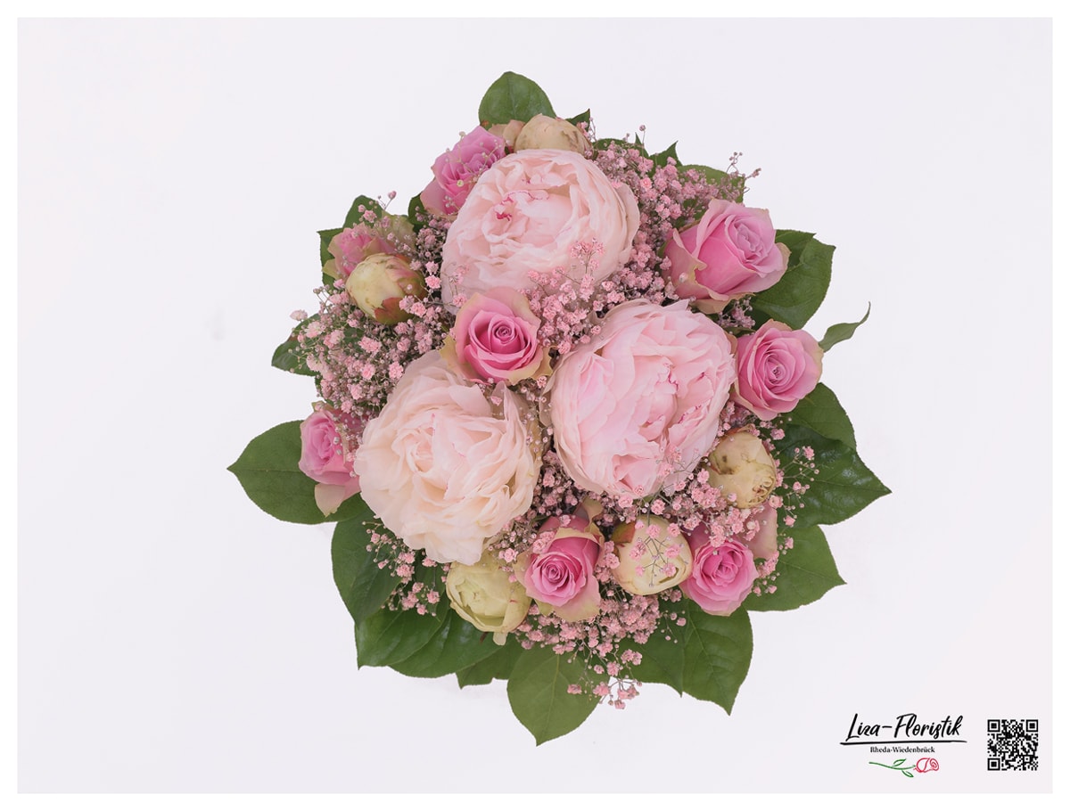 Blumenstrauß mit Pfingstrosen, rosa Schleierkraut und rosa Rosen - Detail
