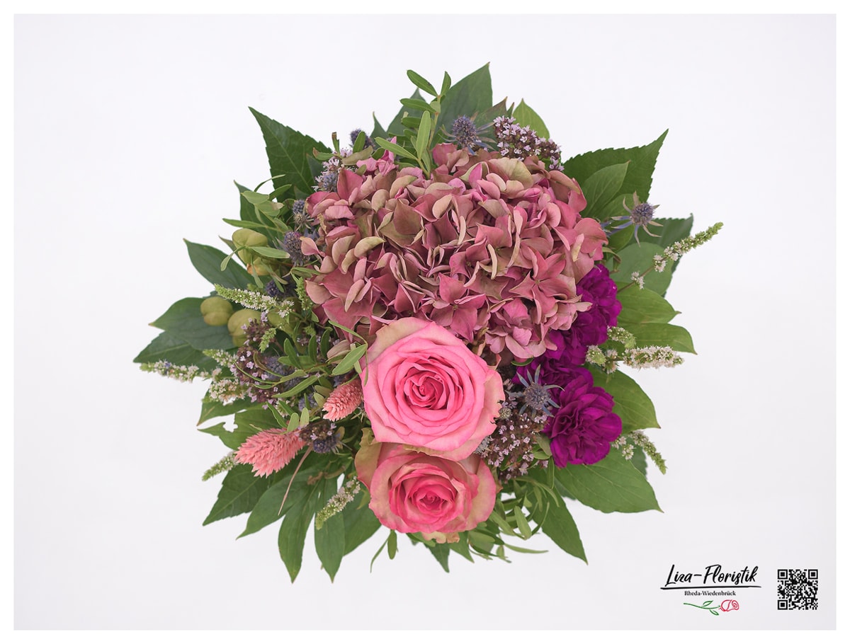 Blumenstrauß mit Minze, Rosen, Hortensien, Phalaris und Nelken - Detail