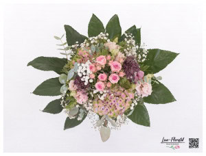 Hortensien, Polyantharosen, Allium, Schleierkraut, Eukalyptus und Lisianthus - oben -