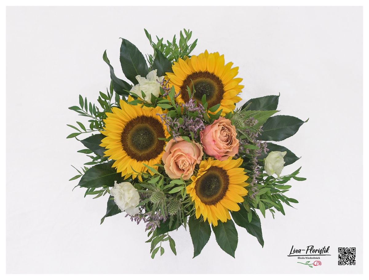 Blumenstrauß mit Sonnenblumen, Lisianthus Rosen, Disteln und Statize - Detail -