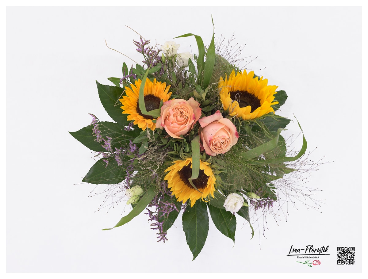 Blumenstrauß mit Lisianthus, Sonnenblumen, Statize und Rosen - Detail -