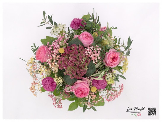 Blumenstrauß mit buntem Schleierkraut, französischen Hortensie, Craspedia, Nelken und Ornithogalum - Detail