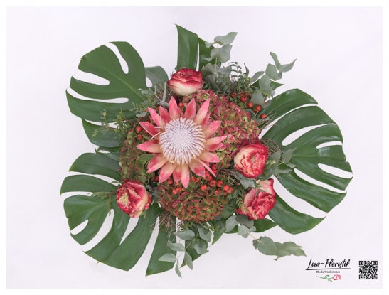 Blumenstrauß mit Königsprotea, Rosen und Ecuador Rosen Apple Jack - Detail