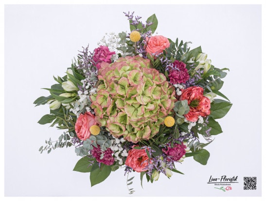 Blumenstrauß mit Inkalilien, bunten Rosen und französischer Hortensie - Detail