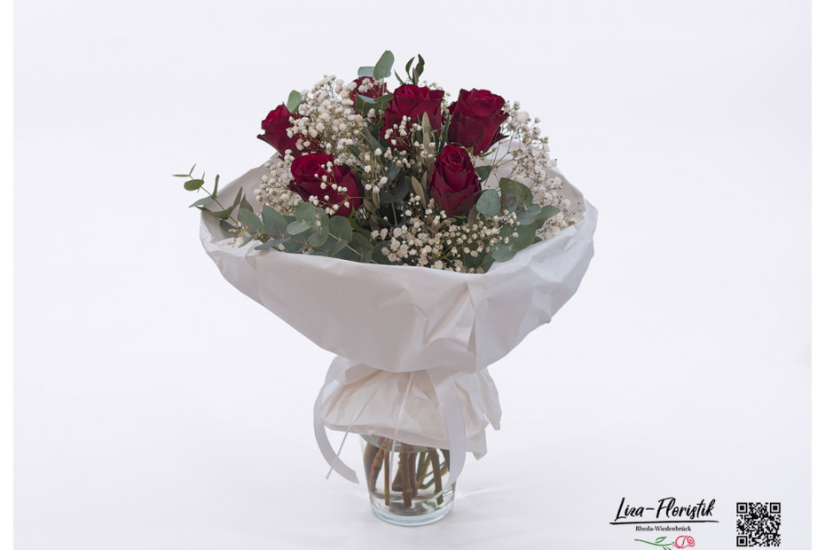 Blumenstrauß Rote Rosen Explorer, weißes Schleierkraut, Eukalyptus und Olivenzweige