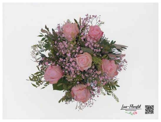 Bouquet mit rosa Rosen, rosa Schleierkraut, Thlaspi - Detail