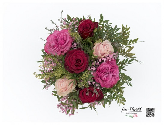 Strauß zum Geburtstag mit bunten Ecuador Rosen, Thlaspi und rosa Schleierkraut - Detail