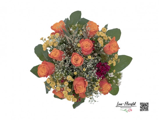 Blumenstrauß mit orangen Rosen, Schleierkraut, Bartnelken, Olivenzweige und Marticaria - Detail