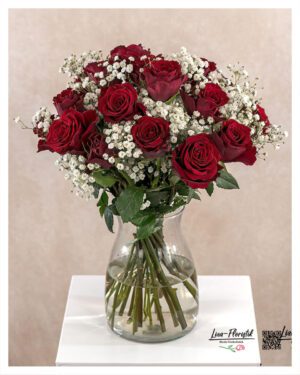 Klassischer Blumenstrauß mit roten Ecuador Rosen Explorer und weißem Schleierkraut