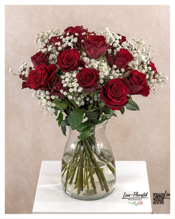 Klassischer Blumenstrauß mit roten Ecuador Rosen Explorer und weißem Schleierkraut