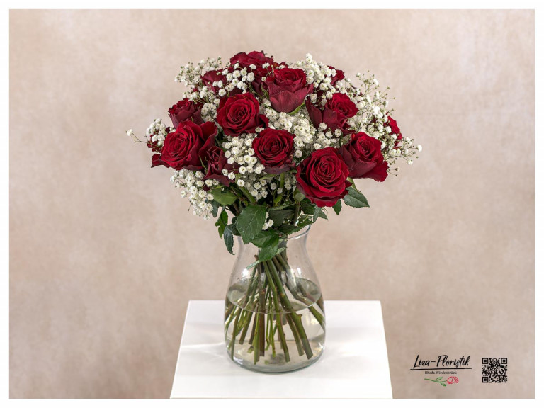 Klassischer Blumenstrauß mit roten Ecuador Rosen Explorer und weißem Schleierkraut
