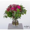 Blumenstrauß mit pinken Rosen "Hearts", pinken Gerber, pinkem Schleierkraut, pinker Protea, gelbem und rosa Lisianthus und Eukalyptus