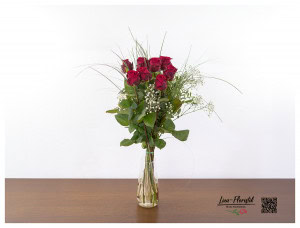 Lang gebundener Blumenstrauß mit roten Ecuador Rosen Explorer und weißem Schleierkraut