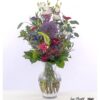 Blumenstrauß mit Celosia, roter Gerbera, roter Ecuador Rose, Ornithogalum, Statice, grüner Bartnelke, Clematis, Allium, Eukalyptus und weißem Lisianthus