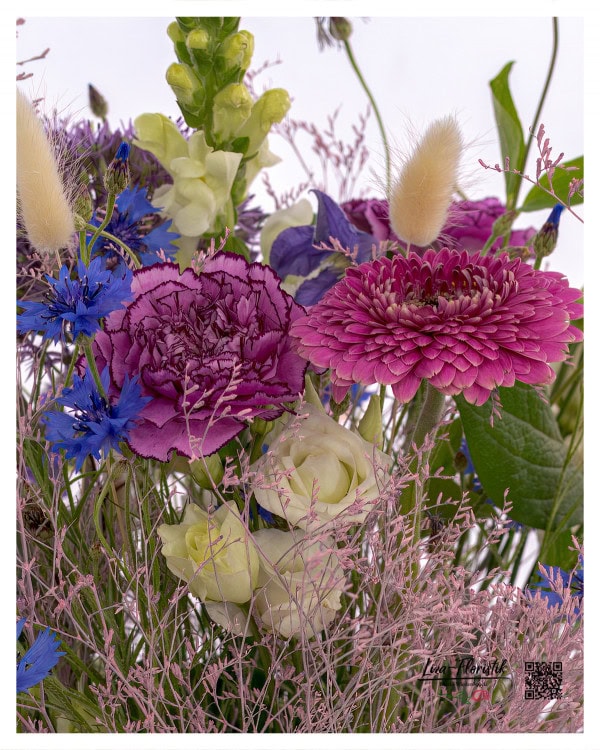 Lila Gerbera und Nelke vor Lisianthus im Detail