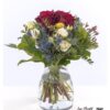 Blumenstrauß mit roten Rosen Explorer, Craspedia, Disteln, Bartnelken, Lisianthus und Statice