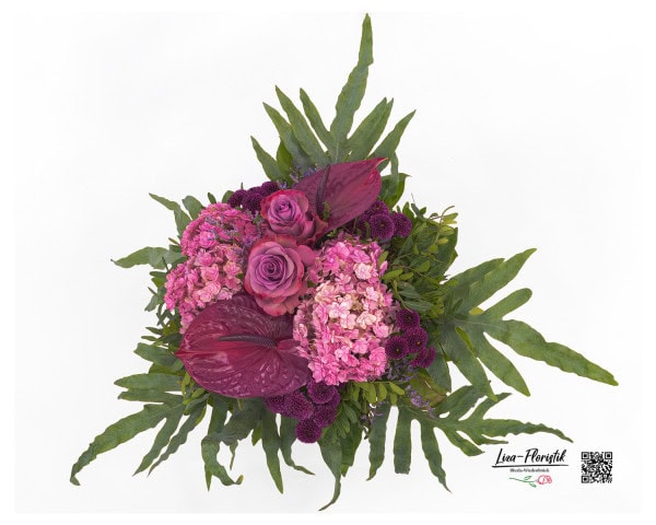 Detail: Blumenstrauß mit Anthurien, Hortensien, Ecuador Rosen und Santini