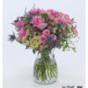Blumenstrauß mit rosa Gerbera, rosa Rosen, Disteln, Strandflieder und Kamille