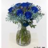 Blumenstrauß mit blauen Rosen, Vergissmeinnicht,  türkises Schleierkraut und Eukalyptus