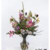 Sommerstrauß mit Rittersporn und Gloriosa – locker gebundener Strauß mit Allium, Phlox, Kamille, Statice, Green Bell und Eukalyptus